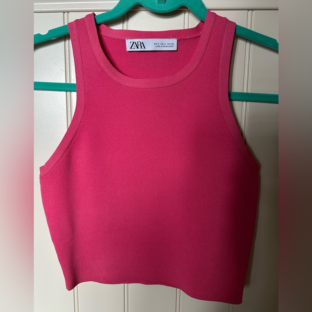 ZARA Ladies Size Small Hot Pink Ribbed Sleeveless Going Out Party Crop T…